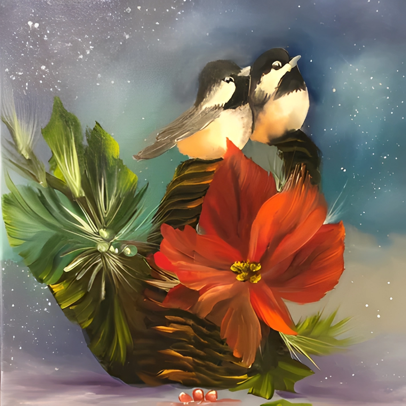 Two birds perched on floral arrangement.