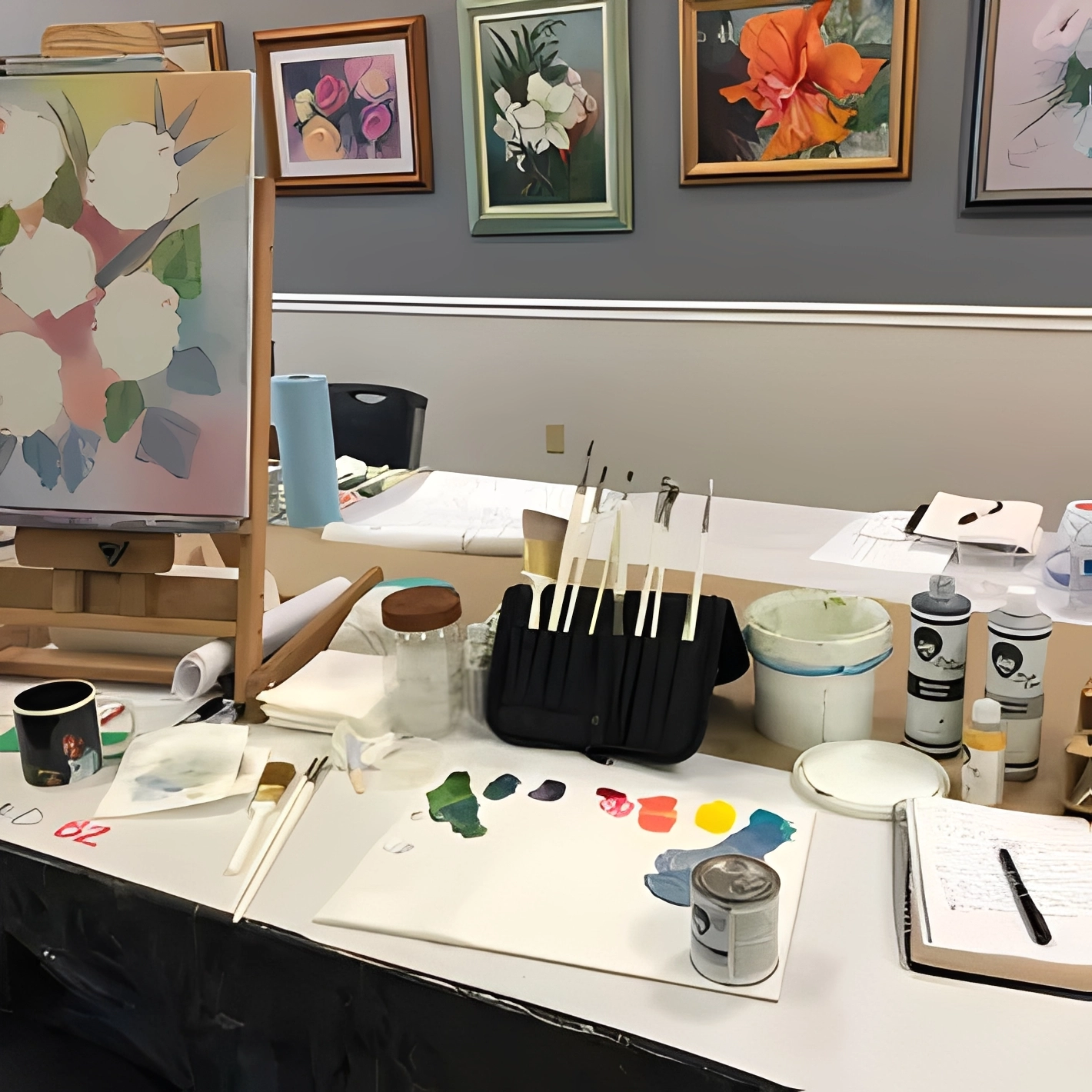 Art studio with paints and brushes.