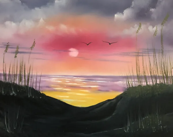 Sunset over ocean with silhouetted birds.