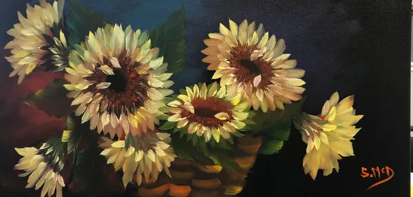 Basket of sunflowers in a painting.