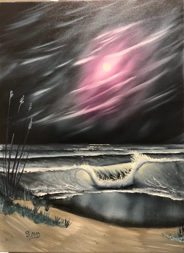 Pink moon over dramatic ocean waves painting.