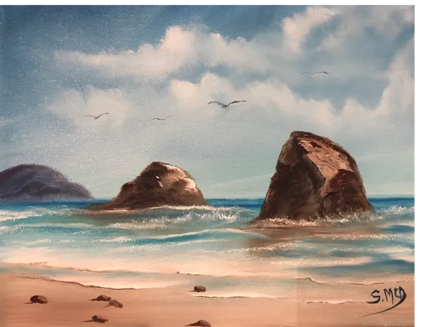 Beach scene with rocks and seagulls.