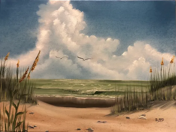 Beach scene with clouds and seagulls flying.