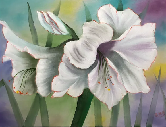 White floral painting with soft pastel background